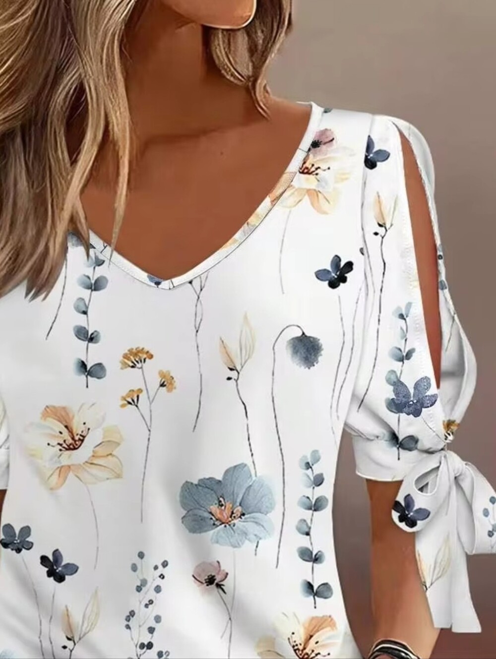 Floral Tie-Sleeve V-Neck Top in White - Picture 2 of 7